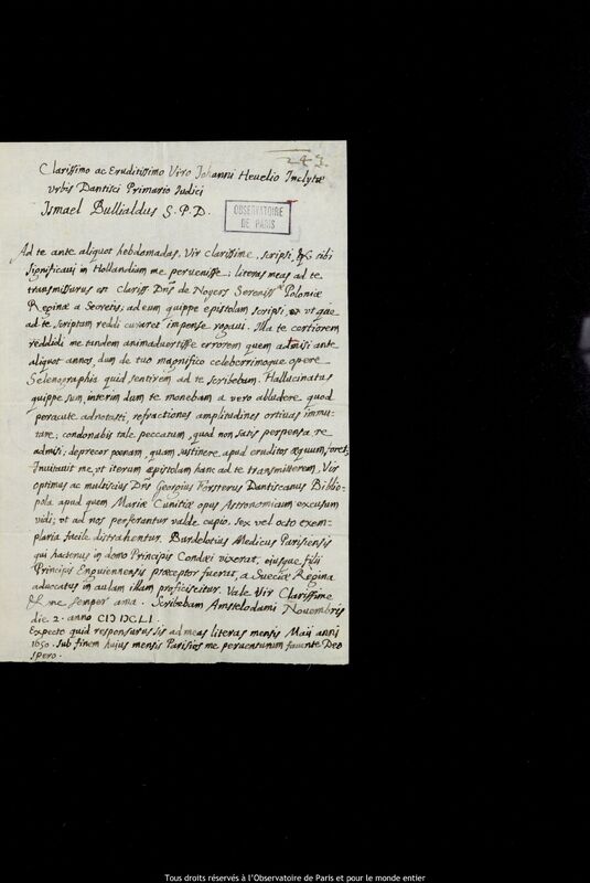 Lettre d'Ismaël Boulliau à Jan Heweliusz, Amsterdam, 2 novembre 1651