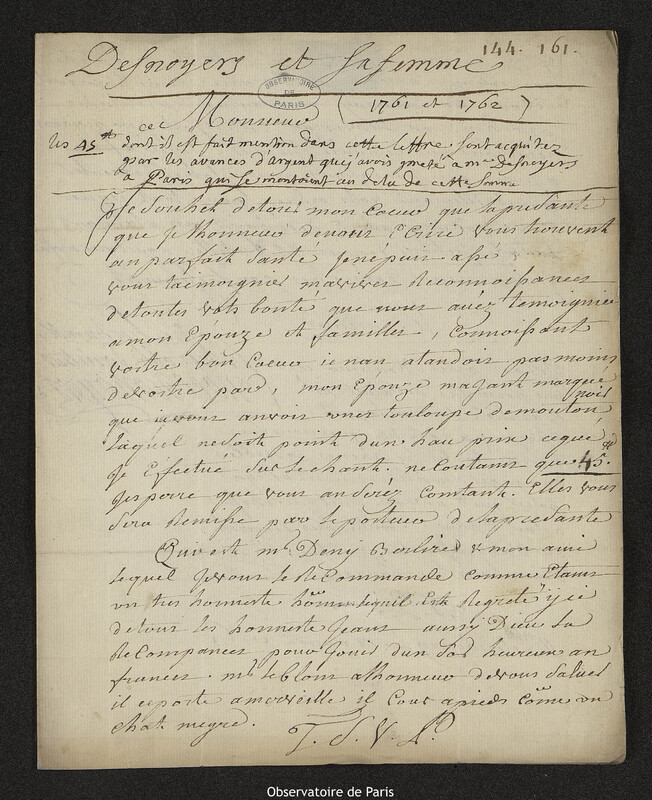 Lettre de Noël Desnoyers à Joseph-Nicolas Delisle, Saint-Pétersbourg, 12 août 1761