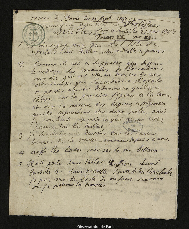 Lettre de comte Samuel de Schmettau à Joseph-Nicolas Delisle, Berlin, 21 août 1747