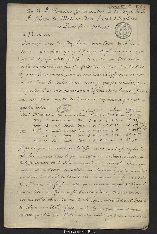 Lettre de Joseph-Nicolas Delisle à Nicasius Grammaticus, Paris, octobre 1724