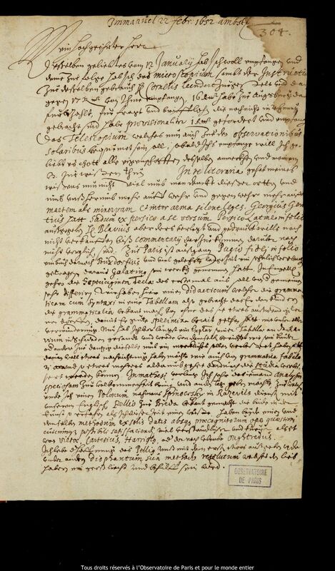 Lettre de Johann Moriaen à Jan Heweliusz, Amsterdam, 22 février 1652