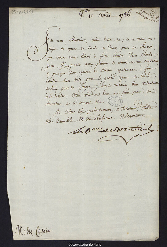 Lettre de Louis Le Tonnelier, baron de Breteuil, à Cassini IV, directeur de l'Observatoire, le 11 juillet 1786