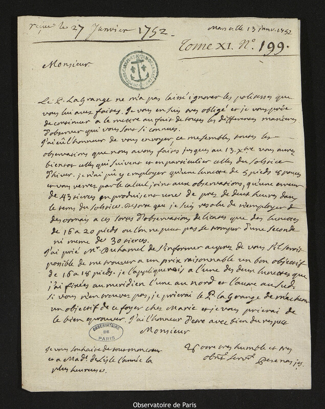 Lettre de Esprit Pezenas à Joseph-Nicolas Delisle, Marseille, 13 janvier 1752