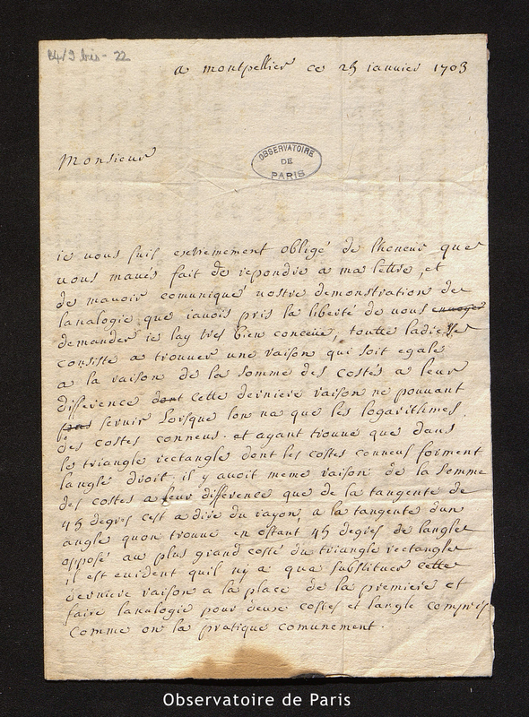 Lettre de De Clapiès, Montpellier le 25 janvier 1703