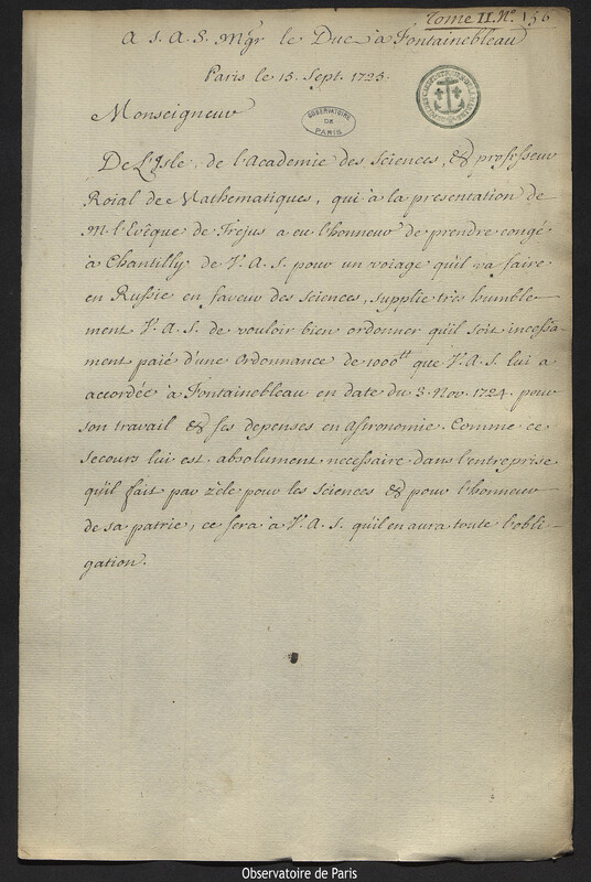 Lettre de Joseph-Nicolas Delisle à Louis-Henri de Bourbon, prince de Condé, Paris, 15 septembre 1725