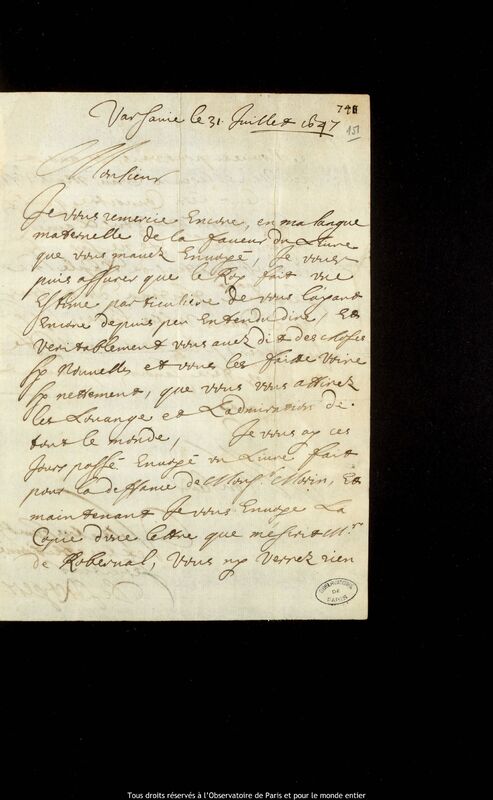 Lettre de Pierre Des Noyers à Jan Heweliusz, Varsovie, 31 juillet 1647