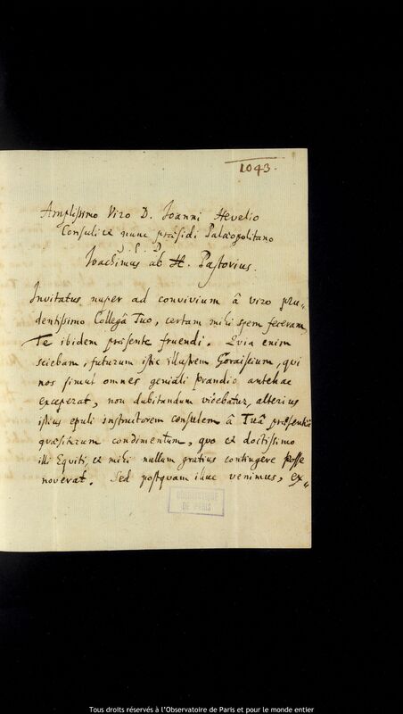 Lettre de Joachim Pastorius à Jan Heweliusz, Gdansk, 27 août 1665