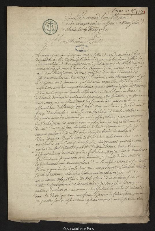 Lettre de Joseph-Nicolas Delisle à Esprit Pezenas, Paris, 6 juin 1751