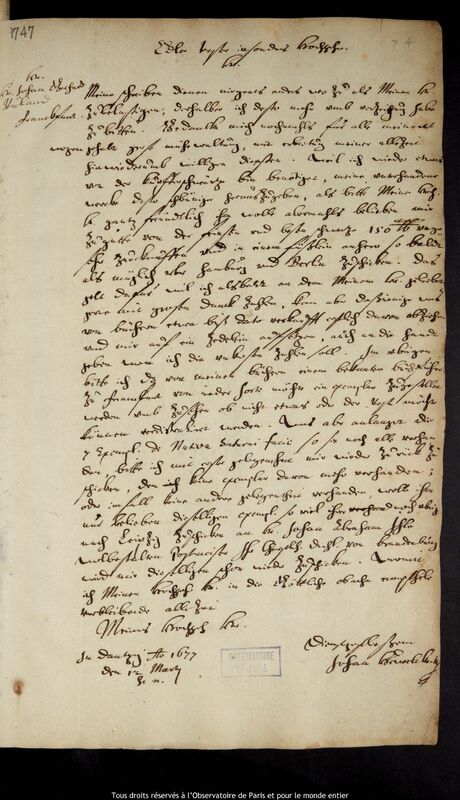 Lettre de Jan Heweliusz à Johann Gerhard Rulandt, Gdansk, 12 mars 1677