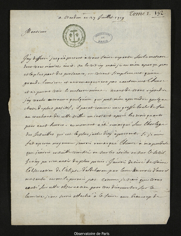 Lettre de Charles Teinturier à Joseph-Nicolas Delisle, Verdun, 27 juillet 1719