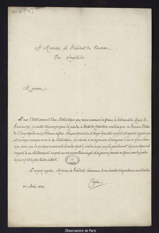 Lettre de Cassini IV à Gaspard de Prony, président du Bureau des Longitudes, 30 avril 1832