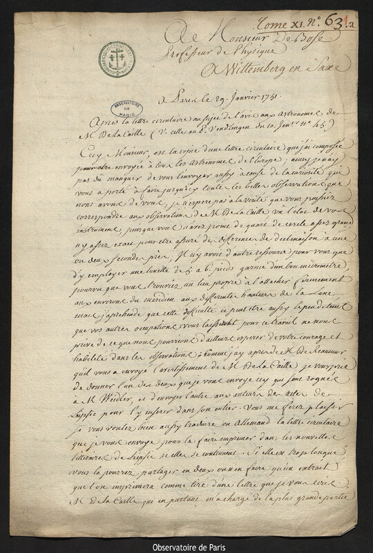 Lettre de Joseph-Nicolas Delisle à Georg Matthias Bose, Paris, 29 janvier 1751