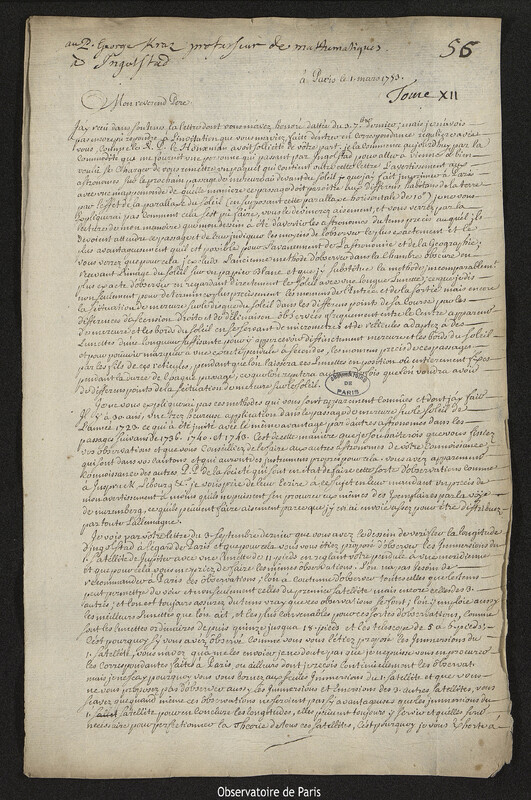 Lettre de Joseph-Nicolas Delisle à Georg Kraz, Paris, 1 mars 1753