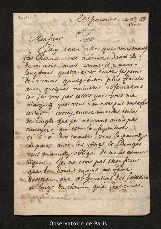 Lettre de La Hire à Cassini I, l'Observatoire le 23 octobre 1700