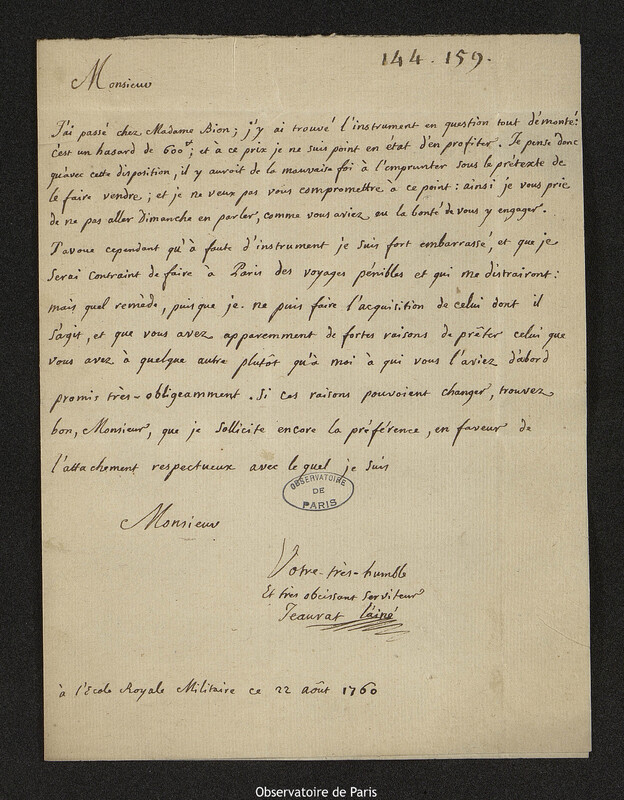 Lettre de Edme-Sébastien Jeaurat à Joseph-Nicolas Delisle, 22 août 1760