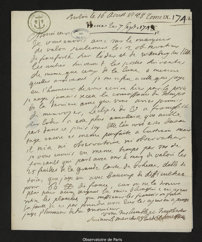 Lettre de comte Samuel de Schmettau à Joseph-Nicolas Delisle, Berlin, 16 août 1748