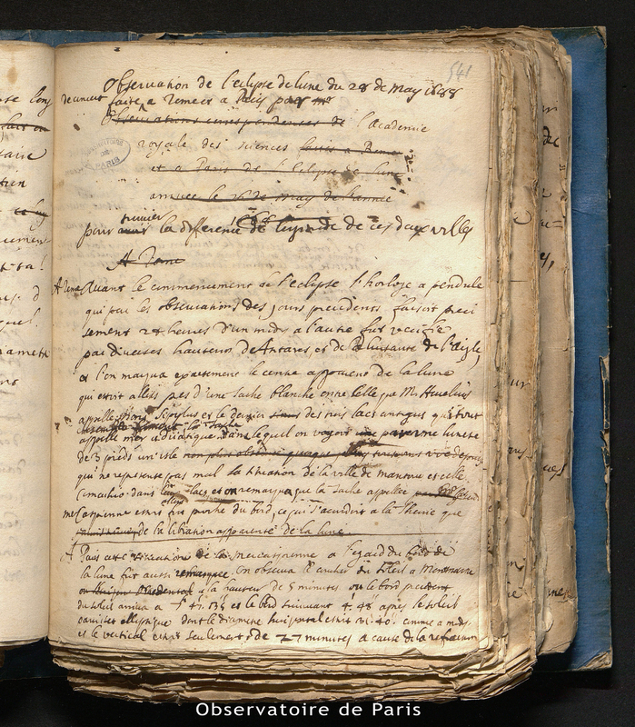 CASSINI I.Observations de l'éclipse de Lune du 28 de mai 1688 faites de concert à Rome et à Paris par l'Académie Royale des Sciences pour la différence de longitude de ces deux villes