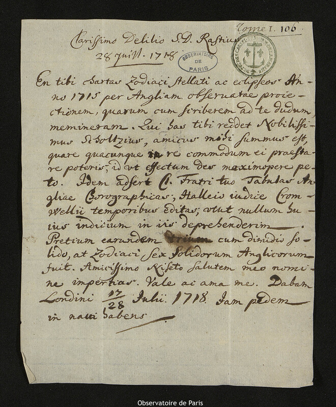 Lettre de Georg Heinrich Rast à Joseph-Nicolas Delisle, Londres, 28 juillet 1718