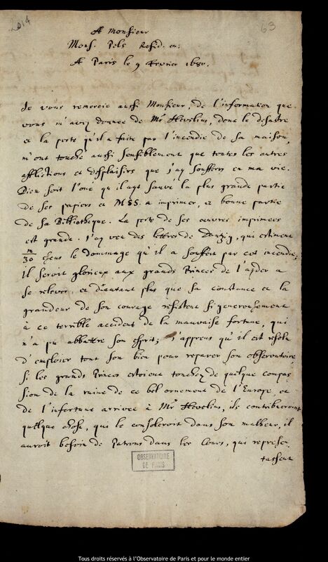 Lettre d'Ismaël Boulliau à Pauwels Philipp Pels, Paris, 9 février 1680