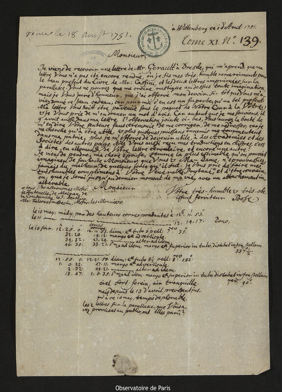 Lettre de Georg Matthias Bose à Joseph-Nicolas Delisle, Wittenberg, 1 août 1751