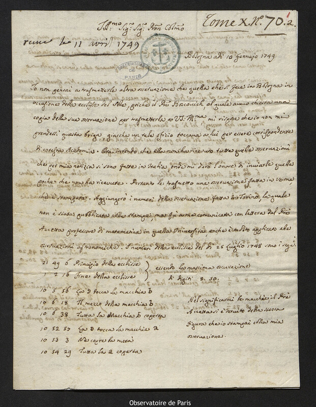 Lettre de Eustachio Zanotti à Joseph-Nicolas Delisle, Bologne, 10 janvier 1749