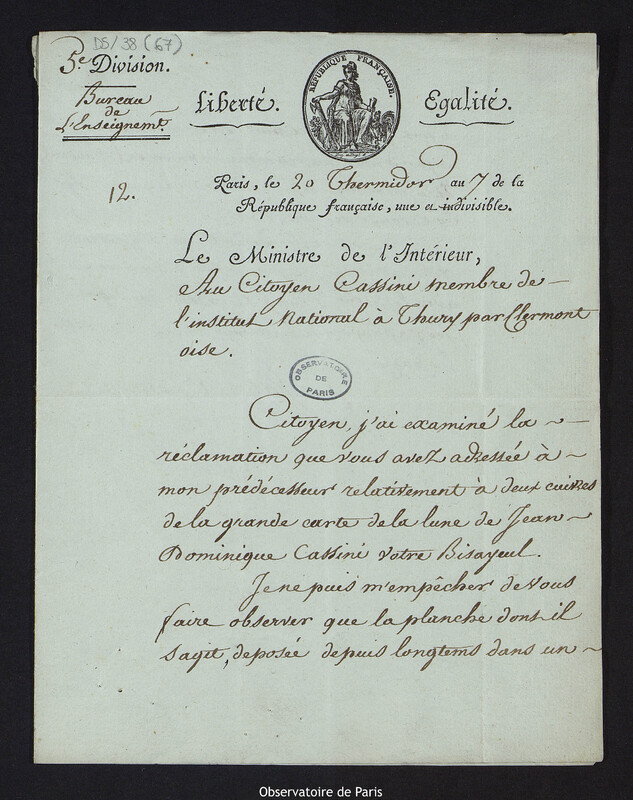 Lettre de Nicolas-Marie Quinette, ministre de l'Intérieur, à Cassini IV, 7 août 1799