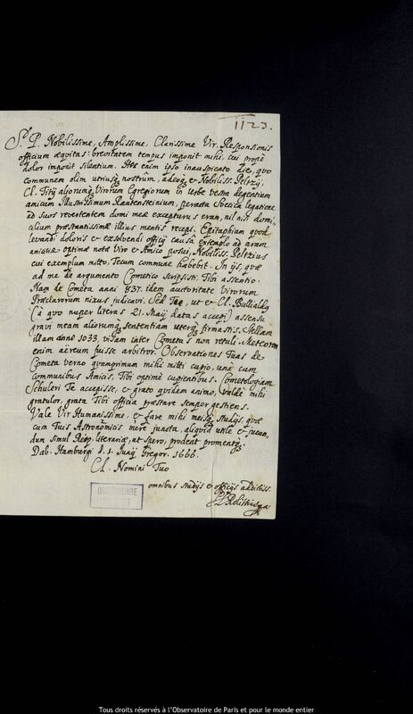 Lettre de Stanislaw Lubieniecki à Jan Heweliusz, Hambourg, 1er juin 1666