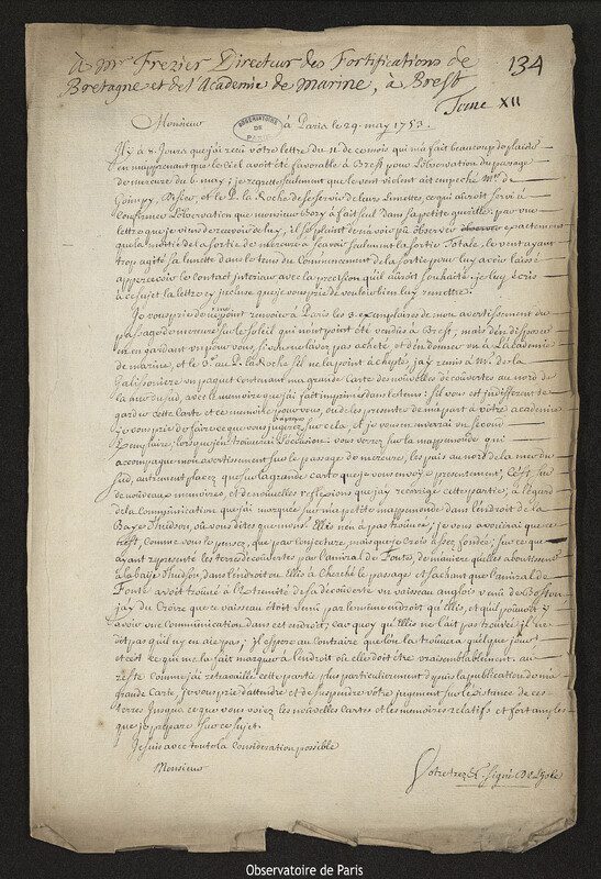 Lettre de Joseph-Nicolas Delisle à Amédée Frezier, Paris, 29 mai 1753