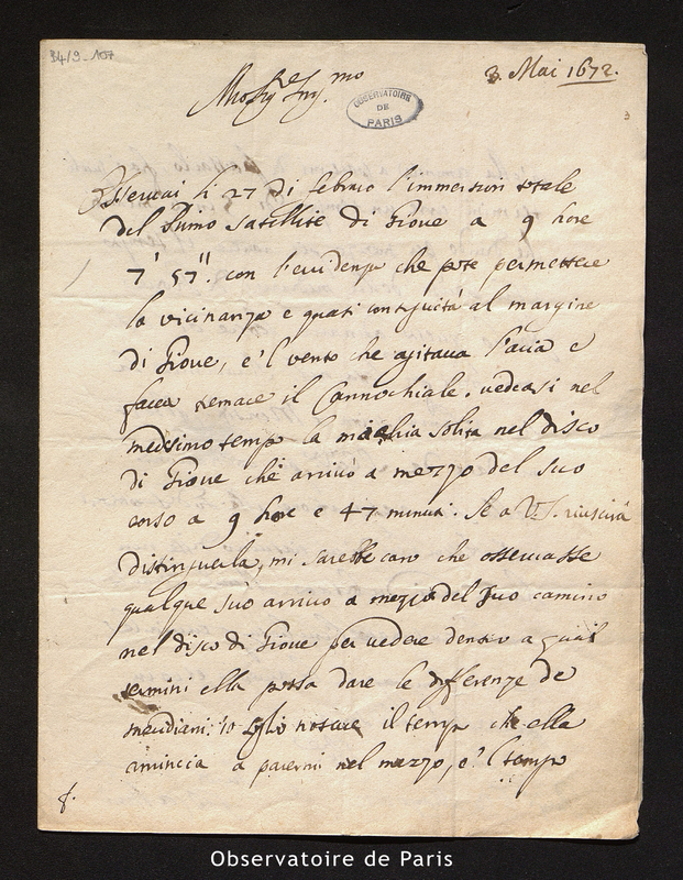 Lettre de Cassini I à Picard, Paris le 3 mai 1672