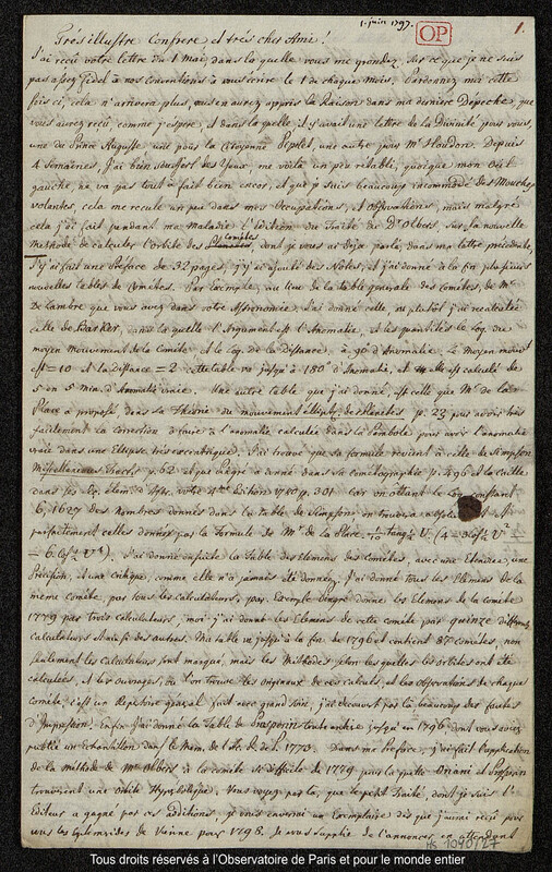 Lettre du baron Franz Xaver von Zach à Joseph Jérôme Le françois de Lalande [Gotha], 1er juin 1797