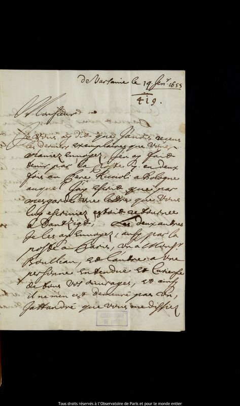 Lettre de Pierre Des Noyers à Jan Heweliusz, Varsovie, 14 janvier 1655