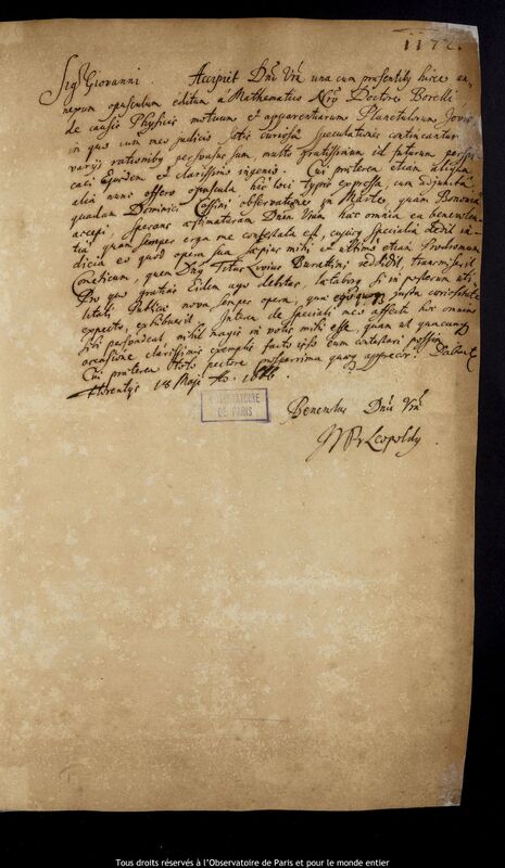 Lettre de Leopoldo de' Medici à Jan Heweliusz, Florence, 18 mai 1666