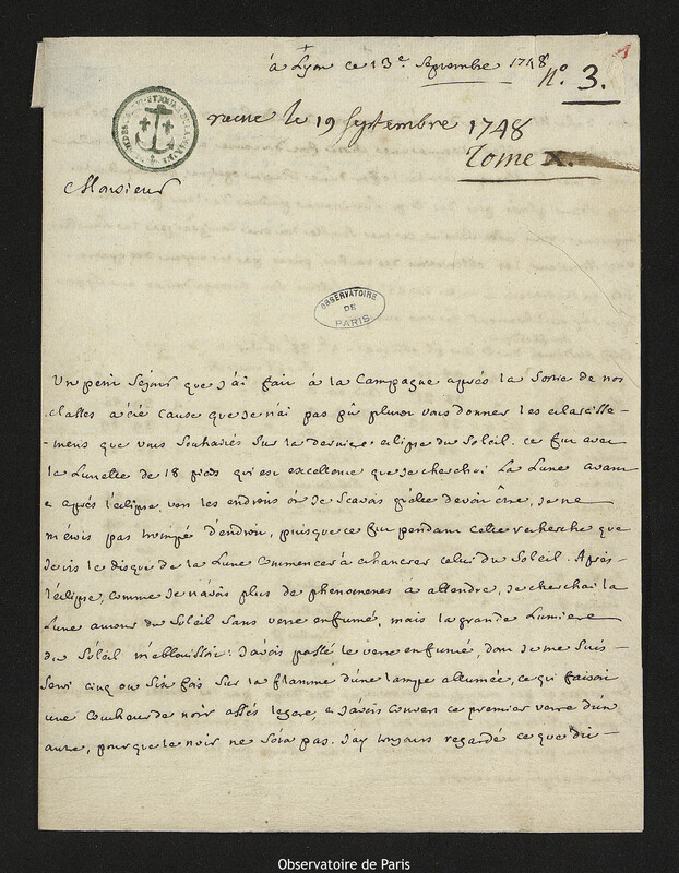 Lettre de Laurent Béraud à Joseph-Nicolas Delisle, Lyon, 13 septembre 1748