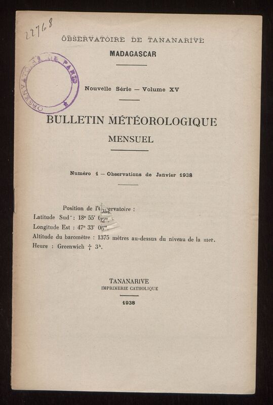 (1938) Bulletin météorologique mensuel de l'Observatoire de Tananarive