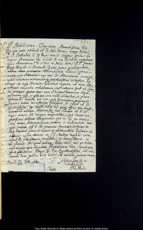 Lettre de Stanislaw Lubieniecki à Jan Heweliusz, Hambourg, 17 février 1665