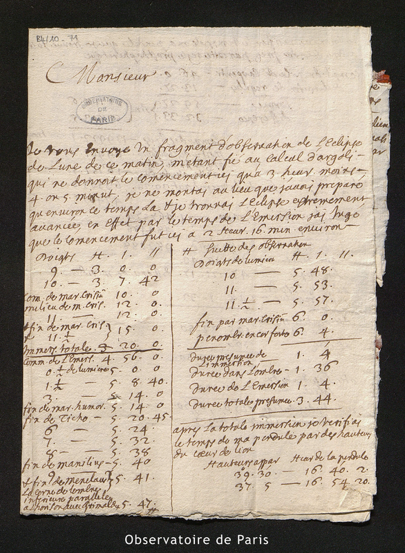 Lettre de Gallet à Cassini I, Avignon le 22 janvier 1693