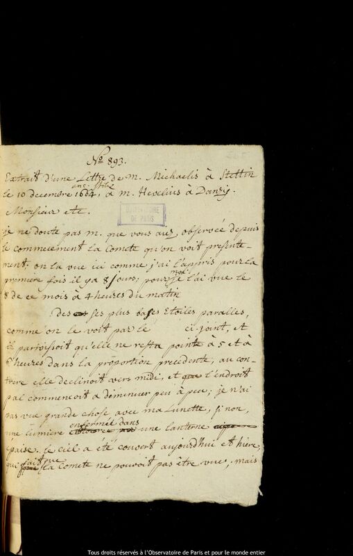 Texte manuscrit d'Ulrich Clemens Michaelis à Jan Heweliusz, Szczecin, 10 décembre 1664