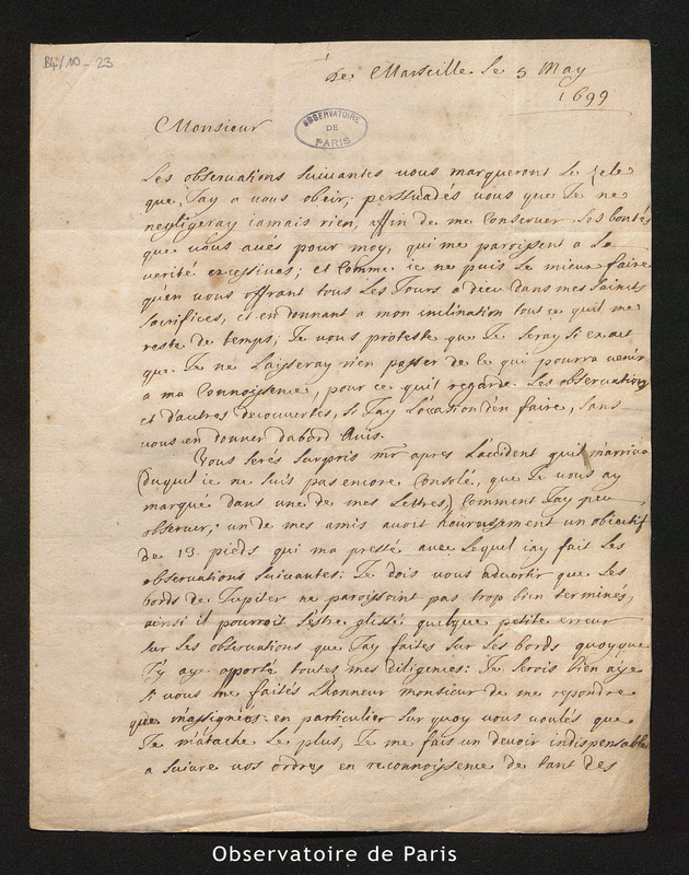 Lettre de Feuillée à Cassini I, Marseille le 5 mai 1699