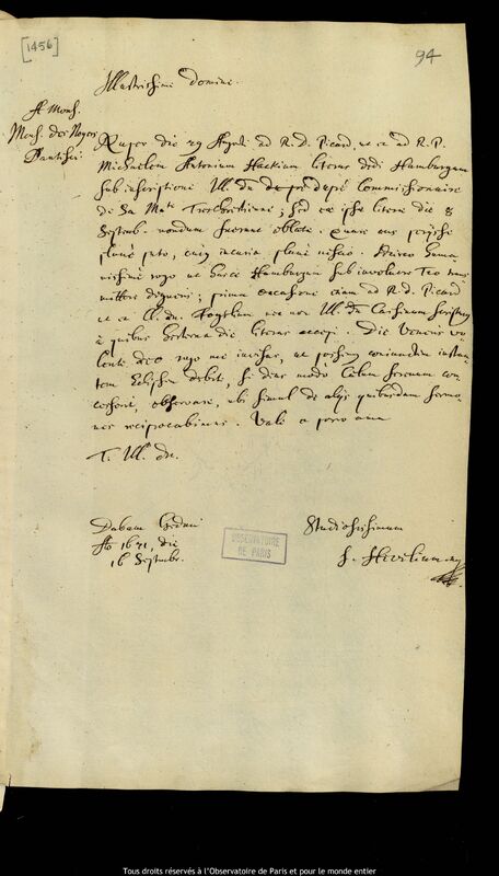 Lettre de Jan Heweliusz à Pierre Des Noyers, Gdansk, 16 septembre 1671