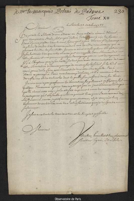 Lettre de Joseph-Nicolas Delisle à Christopher Maire, Paris, 25 octobre 1753