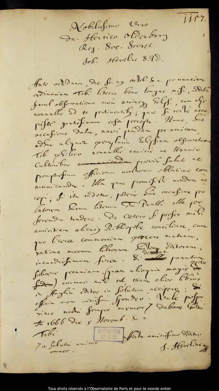 Lettre de Jan Heweliusz à Henry Oldenburg, Gdansk, 5 novembre 1666