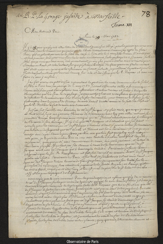 Lettre de Joseph-Nicolas Delisle à Louis Lagrange, Paris, 30 mars 1753