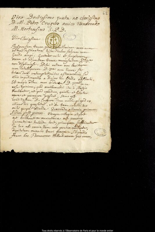 Lettre de Martinus Hortensius à Peter Crüger, Amsterdam, 28 juin 1635