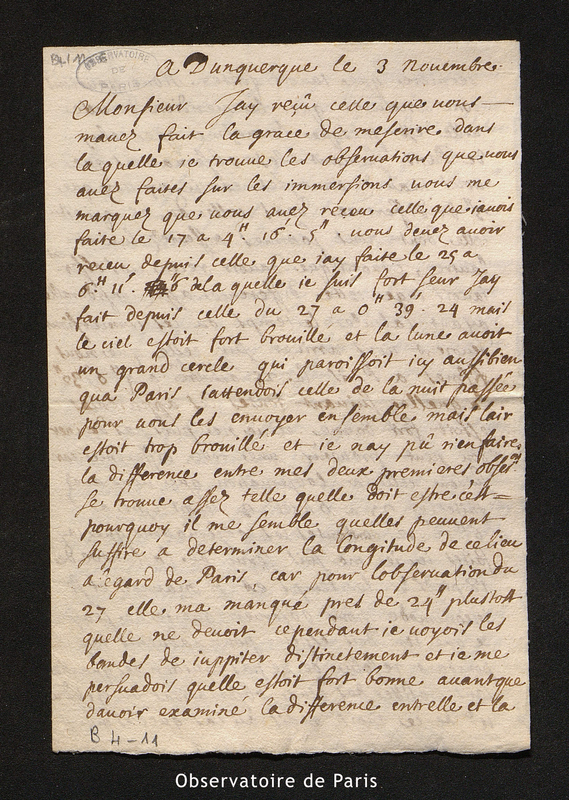 Lettre de La Hire à Cassini I, Dunkerque le 3 novembre 1681