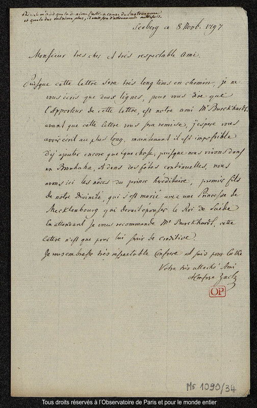 Lettre du baron Franz Xaver von Zach à Joseph Jérôme Le françois de Lalande Seeberg, 8 novembre 1797