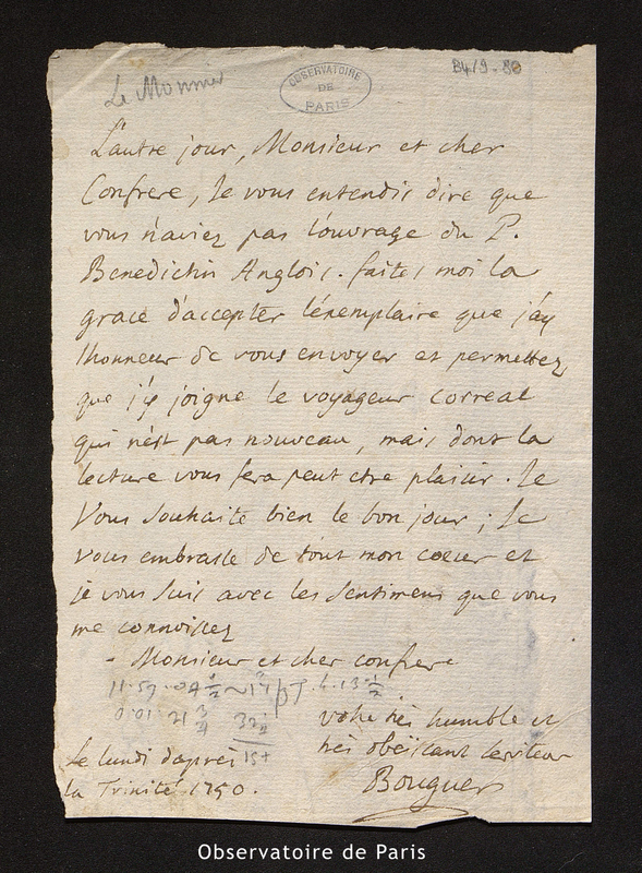 Lettre de Bouguer à Le Monnier, le lundi d'après la Trinité 1750