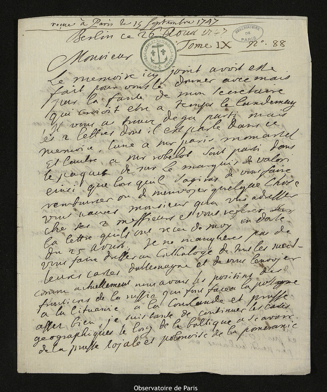 Lettre de comte Samuel de Schmettau à Joseph-Nicolas Delisle, Berlin, 26 août 1747