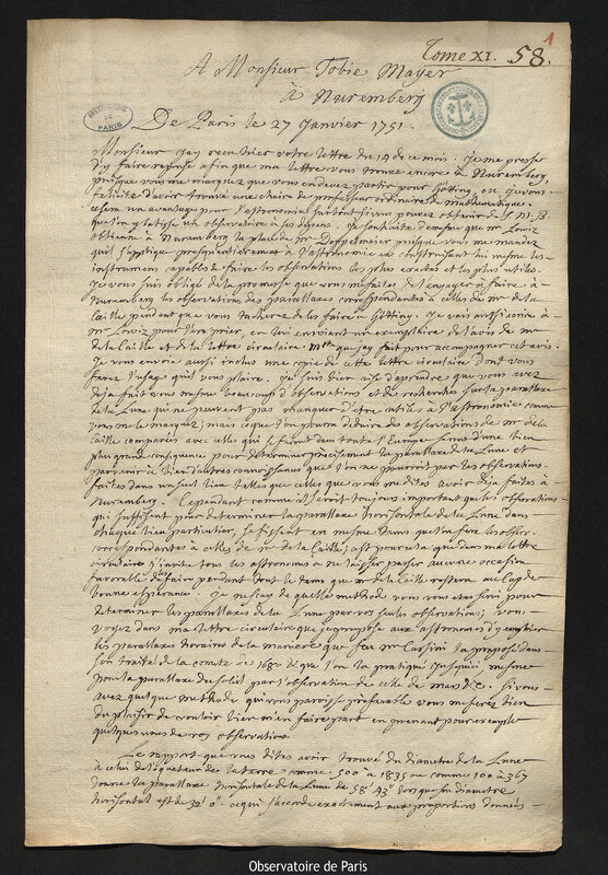 Lettre de Joseph-Nicolas Delisle à Johann Tobias Mayer, Paris, 27 janvier 1751