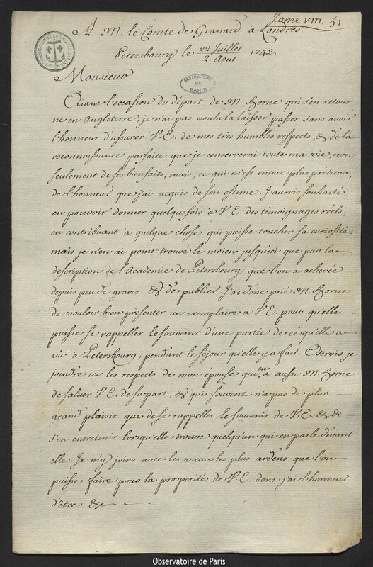 Lettre de Joseph-Nicolas Delisle à George Forbes, comte de Granard, Saint-Pétersbourg, 2 août 1742