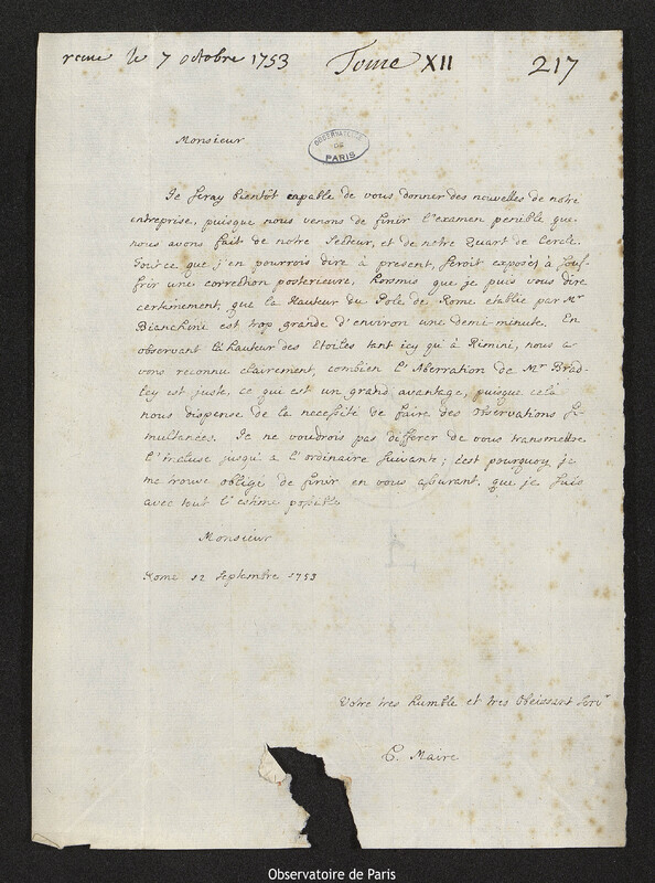 Lettre de Christopher Maire à Joseph-Nicolas Delisle, Rome, 12 septembre 1753